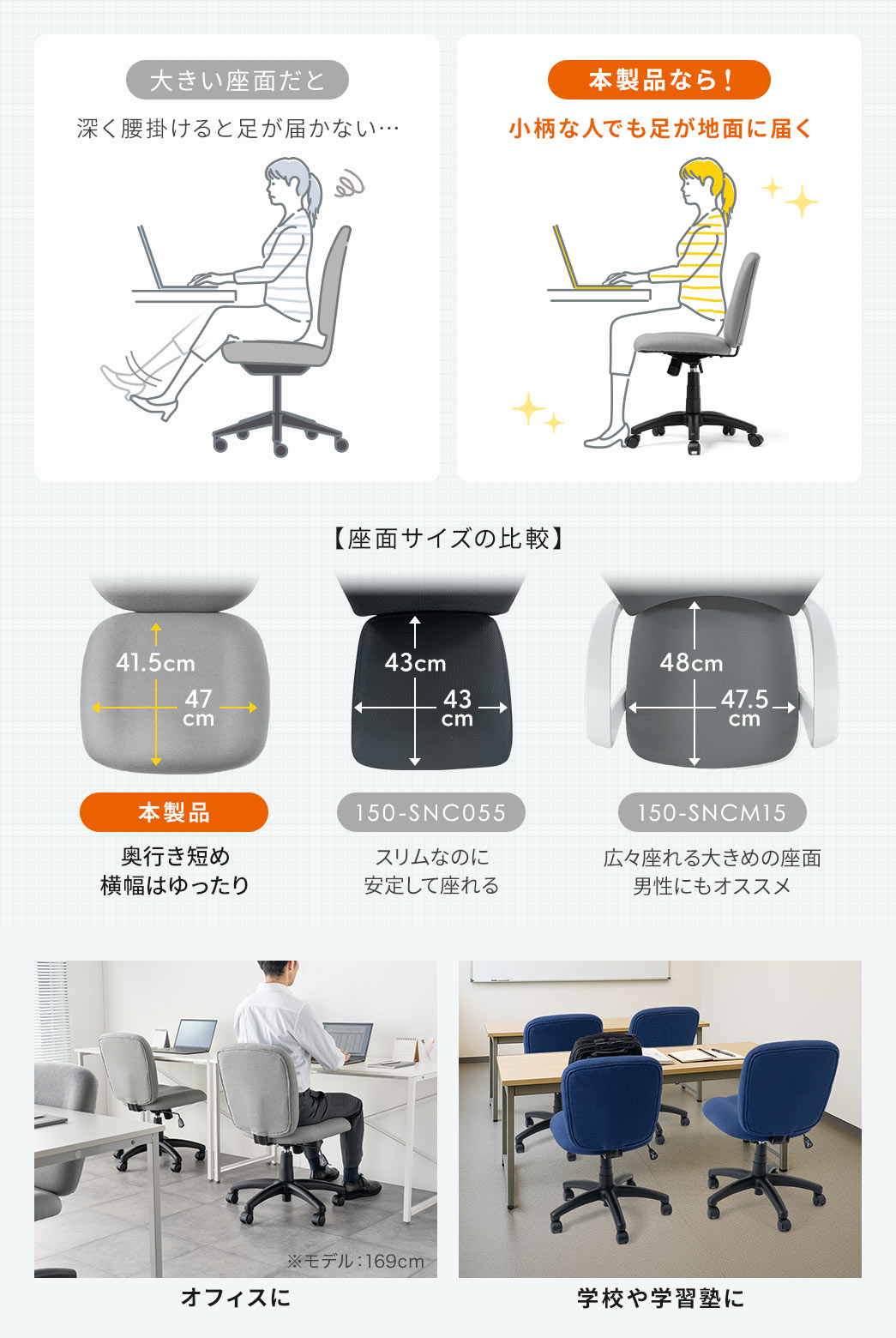 本製品は小柄な方でも足がしっかり地面に届き、奥行きは短めで省スペース、横幅はゆったり設計のため、オフィスや学校、学習塾などさまざまな場所で使用できます。