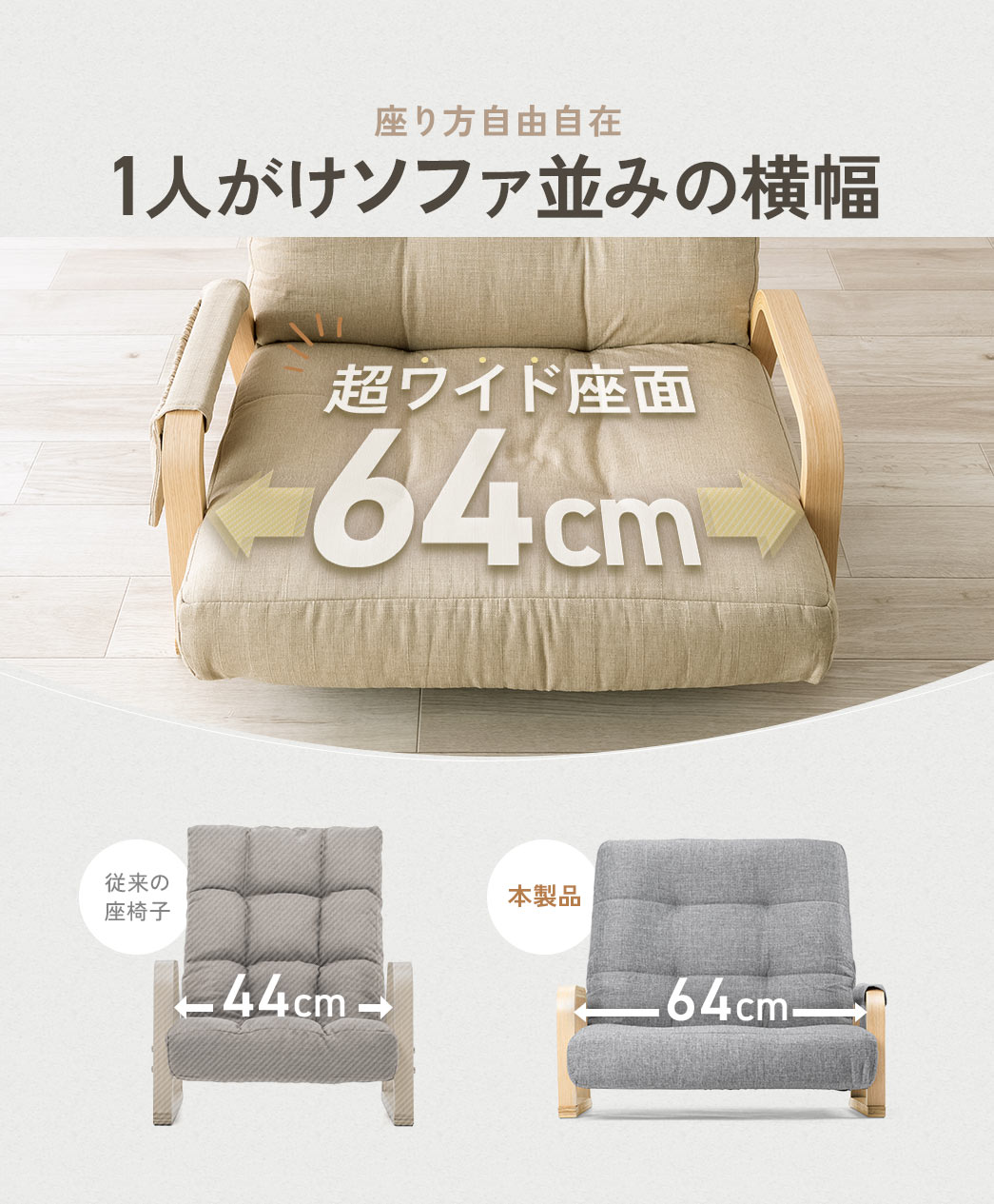 座り方自由自在。1人がけソファ並みの横幅。