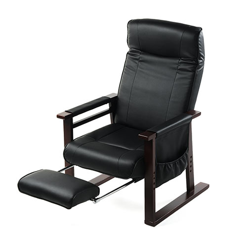 リクライニング高座椅子(寝れる椅子・オットマン付・安楽椅子・リクライニング・ハイバック仕様・ヘッドレスト角度調整可能・サイドポケット付き・黒色・ブラック)