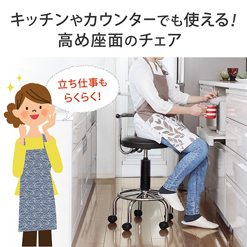 【組立簡単】2WAYキッチンチェア(PVC・ナイロンキャスター・アジャスター両対応・回転椅子・ブラック)