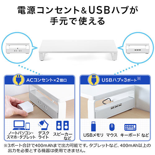 液晶モニタ台(USBポート&電源タップ付き・ホワイト)