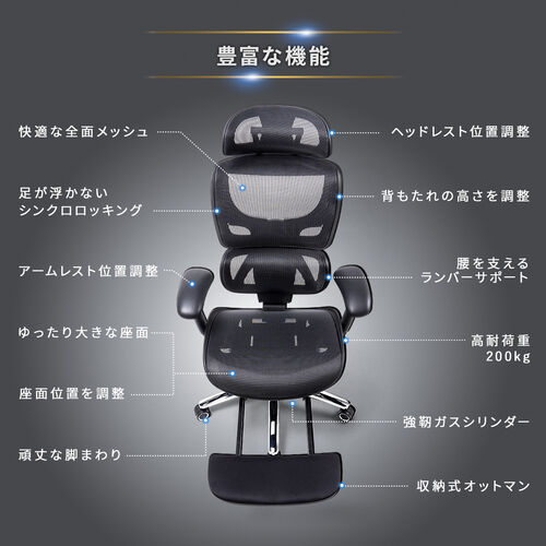 【アウトレット】高耐荷重メッシュチェア  耐荷重200kg オットマン内蔵 背もたれ上下可動 3Dアームレスト