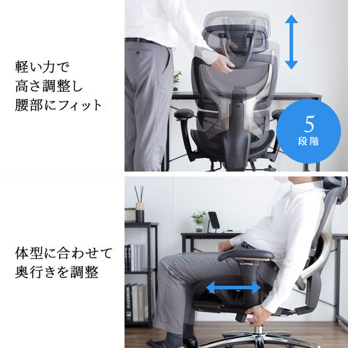 【アウトレット】高耐荷重メッシュチェア  耐荷重200kg オットマン内蔵 背もたれ上下可動 3Dアームレスト