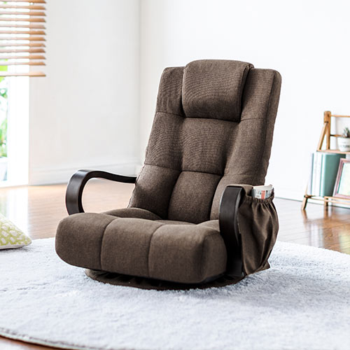 【完売しました】回転座椅子(木製肘掛け・ハイバック仕様・360度回転・小物収納ポケット付き・ブラウン)