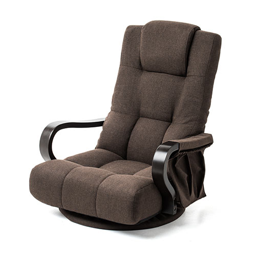 回転座椅子(木製肘掛け・ハイバック仕様・360度回転・小物収納ポケット付き・ブラウン)