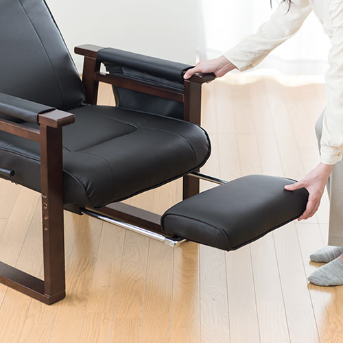 リクライニング高座椅子(寝れる椅子・オットマン付・安楽椅子・リクライニング・ハイバック仕様・ヘッドレスト角度調整可能・サイドポケット付き・黒色・ブラック)