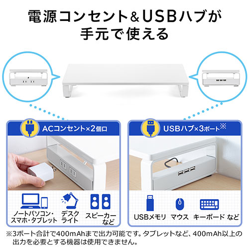 【アウトレット】液晶モニタ台(USBポート&電源タップ付き・ホワイト)