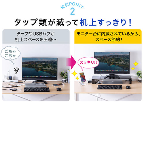 【アウトレット】液晶モニタ台(USBポート&電源タップ付き・ホワイト)
