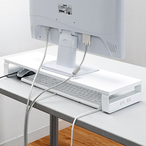 【アウトレット】液晶モニタ台(USBポート&電源タップ付き・ホワイト)
