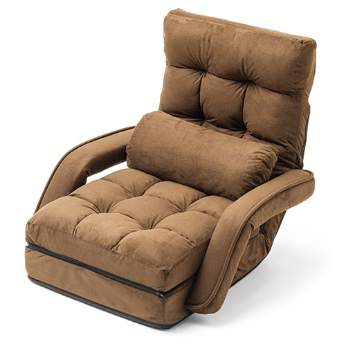 【アウトレット】ダブルクッション座椅子 マイクロファイバー生地 肘掛けつき 14段階リクライニング ブラウン