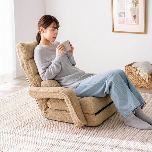 【アウトレット】ダブルクッション座椅子 ボア生地タイプ 肘掛け付き 14段階リクライニング ベージュ