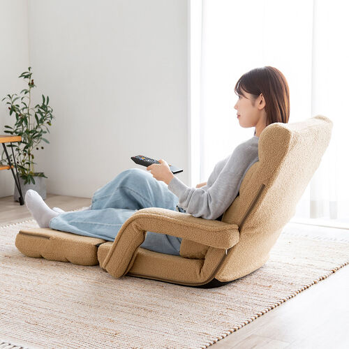 【アウトレット】ダブルクッション座椅子 ボア生地タイプ 肘掛け付き 14段階リクライニング ベージュ