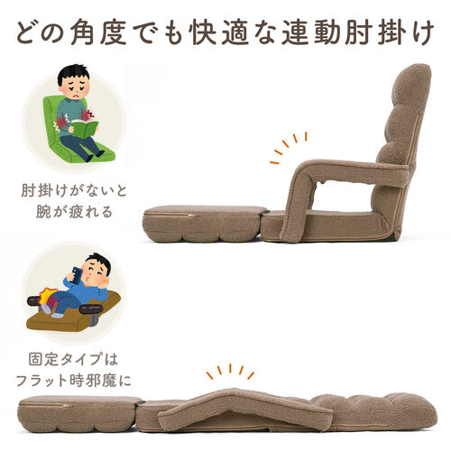 【アウトレット】ダブルクッション座椅子 ボア生地タイプ 肘掛け付き 14段階リクライニング ベージュ