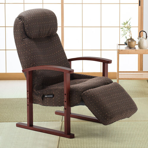 【寝られる椅子】リクライニング高座椅子 オットマン ヘッドレスト サイドポケット付き ブラウン