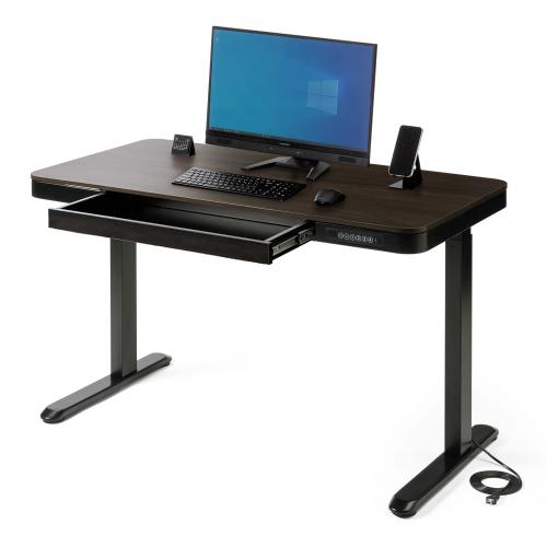 【アウトレット】引き出し付き 電動昇降デスク 幅120cm 奥行60cm スマホ充電用USBポート 木目柄 ダークブラウン