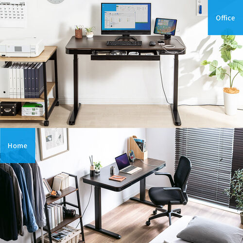 【アウトレット】引き出し付き 電動昇降デスク 幅120cm 奥行60cm スマホ充電用USBポート 木目柄 ダークブラウン