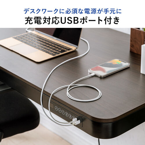 【アウトレット】引き出し付き 電動昇降デスク 幅120cm 奥行60cm スマホ充電用USBポート 木目柄 ダークブラウン