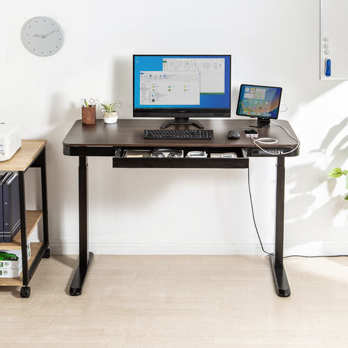 【アウトレット】引き出し付き 電動昇降デスク 幅120cm 奥行60cm スマホ充電用USBポート 木目柄 ダークブラウン