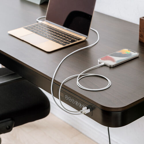 【アウトレット】引き出し付き 電動昇降デスク 幅120cm 奥行60cm スマホ充電用USBポート 木目柄 ダークブラウン