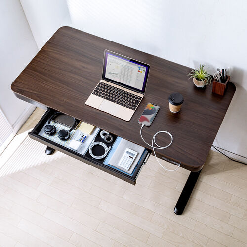 【アウトレット】引き出し付き 電動昇降デスク 幅120cm 奥行60cm スマホ充電用USBポート 木目柄 ダークブラウン