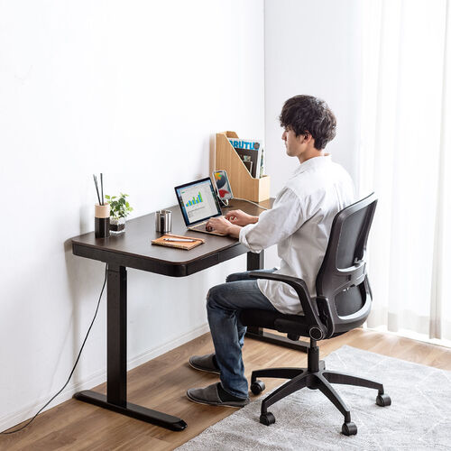 【アウトレット】引き出し付き 電動昇降デスク 幅120cm 奥行60cm スマホ充電用USBポート 木目柄 ダークブラウン