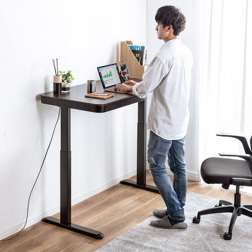 【アウトレット】引き出し付き 電動昇降デスク 幅120cm 奥行60cm スマホ充電用USBポート 木目柄 ダークブラウン