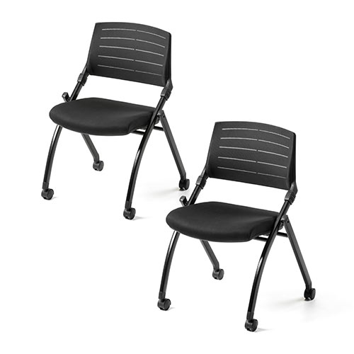 【アウトレット】折りたたみ ミーティングチェア キャスター付 水平スタッキング メッシュ製 背もたれチルト機能 2脚セット ブラック