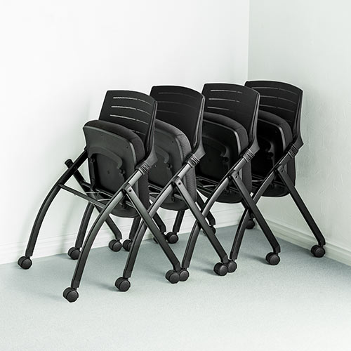 【アウトレット】折りたたみ ミーティングチェア キャスター付 水平スタッキング メッシュ製 背もたれチルト機能 2脚セット ブラック