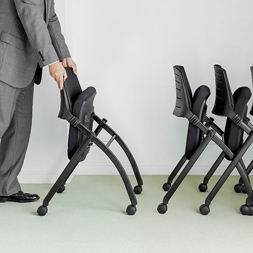 【アウトレット】折りたたみ ミーティングチェア キャスター付 水平スタッキング メッシュ製 背もたれチルト機能 2脚セット ブラック