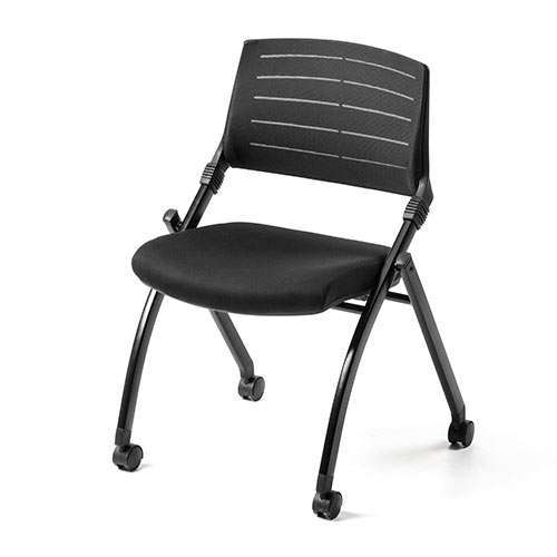 【アウトレット】折りたたみ ミーティングチェア キャスター付 水平スタッキング メッシュ製 背もたれチルト機能 2脚セット ブラック