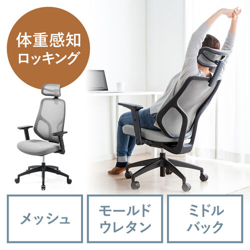 【在庫限り】メッシュチェア 体重感知式ロッキング  ロッキング固定 ミドルバック ヘッドレスト アームレスト モールドウレタン キャスター グレー