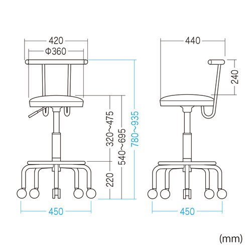 【アウトレット】2WAYキッチンチェア(PUレザー・ナイロンキャスター・アジャスター両対応・回転椅子・ホワイト)