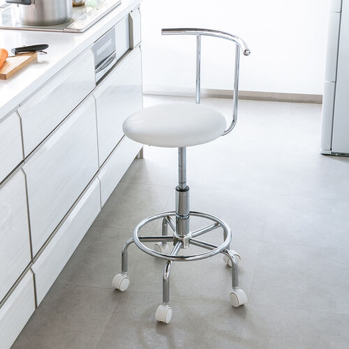【アウトレット】2WAYキッチンチェア(PUレザー・ナイロンキャスター・アジャスター両対応・回転椅子・ホワイト)