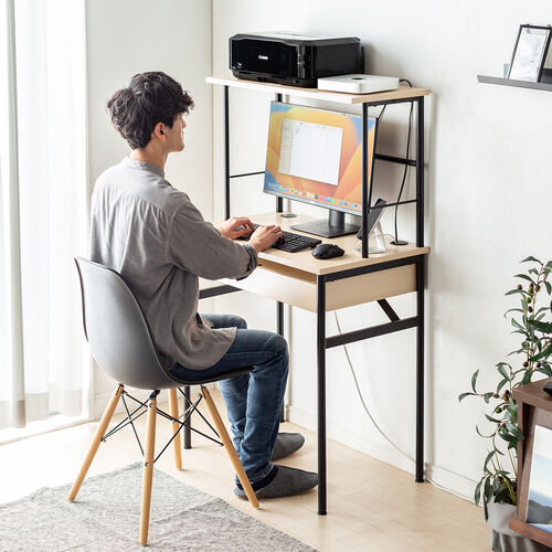 【アウトレット】パソコンデスク PCデスク 幅75cm 引き出し付き キーボードスライダー コンパクト モニターアーム対応 配線口 丸フレーム