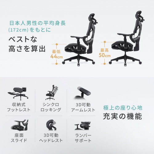 メッシュチェア シンクロロッキング 3Dアームレスト ハイバック 座面メッシュ オットマン 3Dヘッドレスト ランバーサポート ハンガー付き