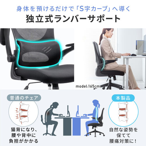 【アウトレット】メッシュチェア  跳ね上げ式アームレスト ミドルバック ランバーサポートつき ロッキング機能