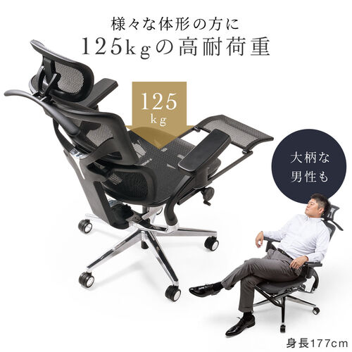 【アウトレット】メッシュチェア 耐荷重125kg シンクロロッキング スライド式薄型オットマン 座面スライド ランバーサポート ヘッドレスト 4Dアームレスト ハンガー付き 大型キャスター