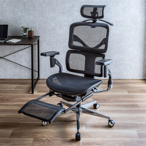 【アウトレット】メッシュチェア 耐荷重125kg シンクロロッキング スライド式薄型オットマン 座面スライド ランバーサポート ヘッドレスト 4Dアームレスト ハンガー付き 大型キャスター