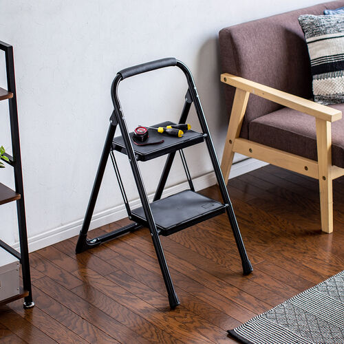 【アウトレット】脚立 踏み台 折りたたみ 滑り止め付き 持ち手付き 手すり付き 2段 黒