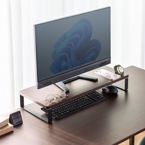 【アウトレット】モニター台 机上台 幅60cm モニター下収納 木製 ダークブラウン