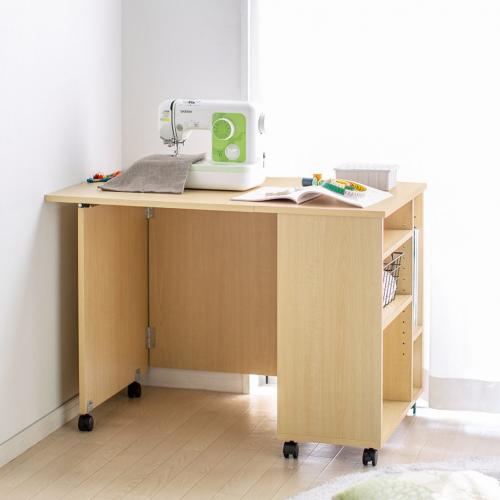 デスクになる収納ワゴン 折りたたみ天板 ライトブラウン