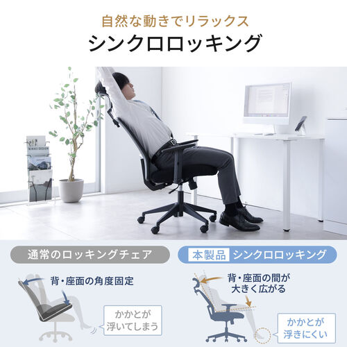 メッシュチェア ミドルバック シンクロロッキング アームレスト 可動ヘッドレスト ブラック