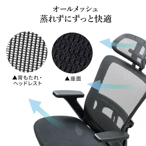 【アウトレット】メッシュチェア(オットマン付き・シンクロロッキング・ロッキング固定・跳ね上げアームレスト・4D・ランバーサポート)【組立サービス対象品】