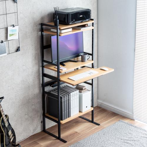 スリムパソコンラック 幅63.4cm キーボードスライダー マウステーブル付き ライトブラウン