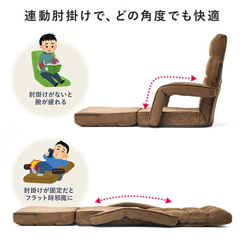 座椅子(14段階リクライニング・ダブルクッション座面・マイクロファイバー・リクライニング連動肘掛け・日本製ギア・ブラック)