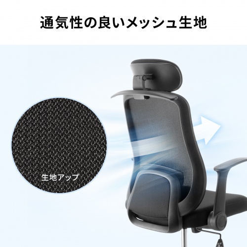 メッシュチェア ハイバック 跳ね上げ式アームレスト 2Dヘッドレスト 背座一体型ロッキング ハンガー付き 可動式ランバーサポート