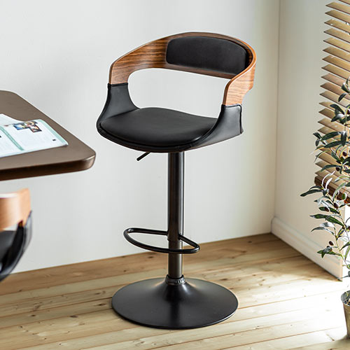 【アウトレット】カウンターチェア バーチェア ウォルナット 木製 曲げ木 足置き付き 座面高さ61cm～82cm ガス圧昇降式 360°回転