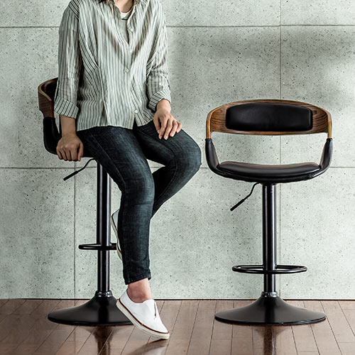 【アウトレット】カウンターチェア バーチェア ウォルナット 木製 曲げ木 足置き付き 座面高さ61cm～82cm ガス圧昇降式 360°回転