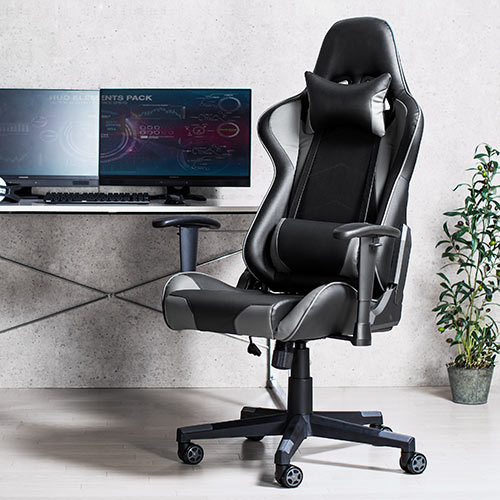 【アウトレット】ゲーミングチェア リクライニング ロッキング機能 肘掛け付き PUレザー グレー