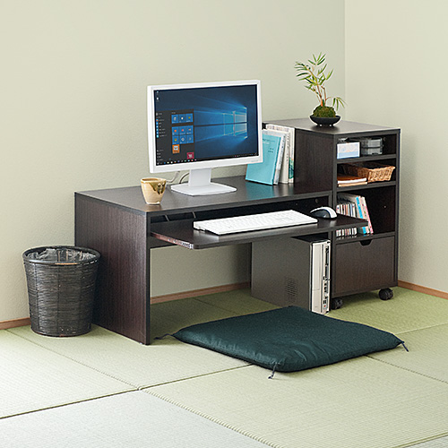 【アウトレット】ローデスク(木製・収納付・幅85cm・奥行45cm・ダークブラウン)